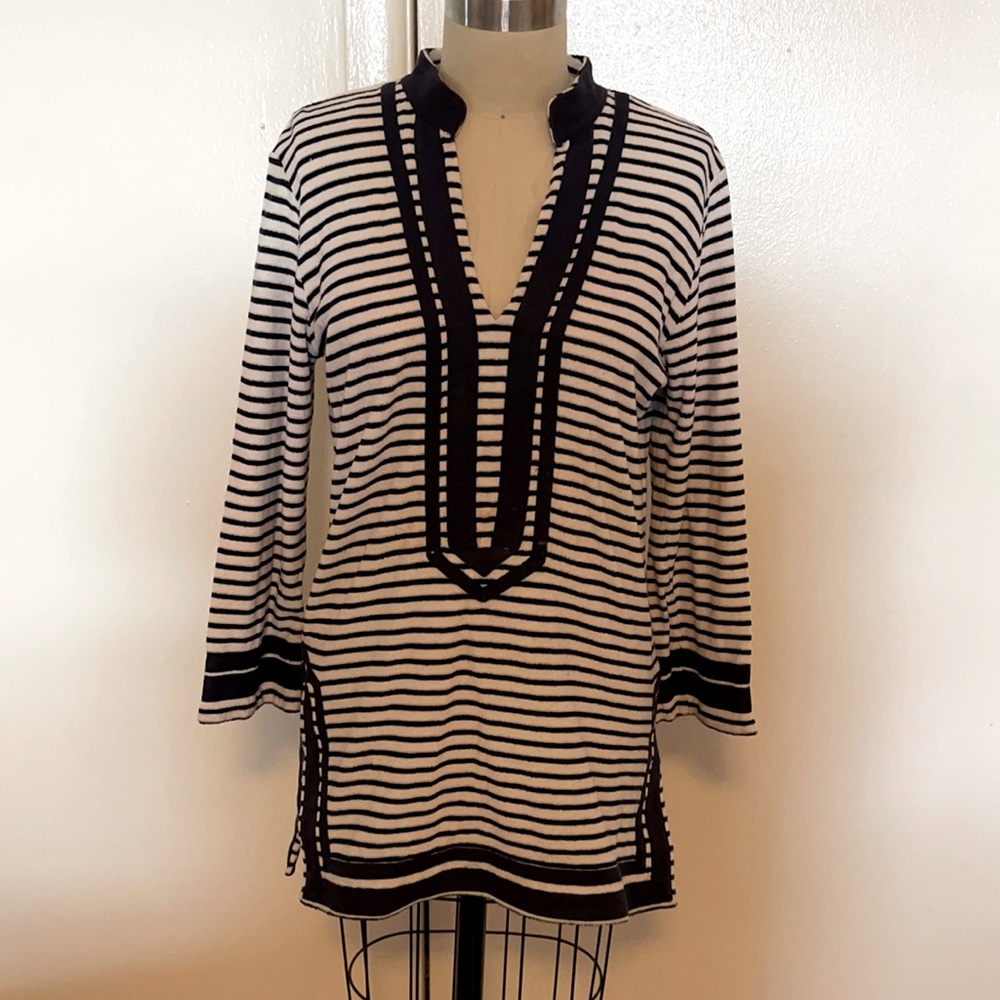 Tory Burch Black and White Striped Swim Coverup